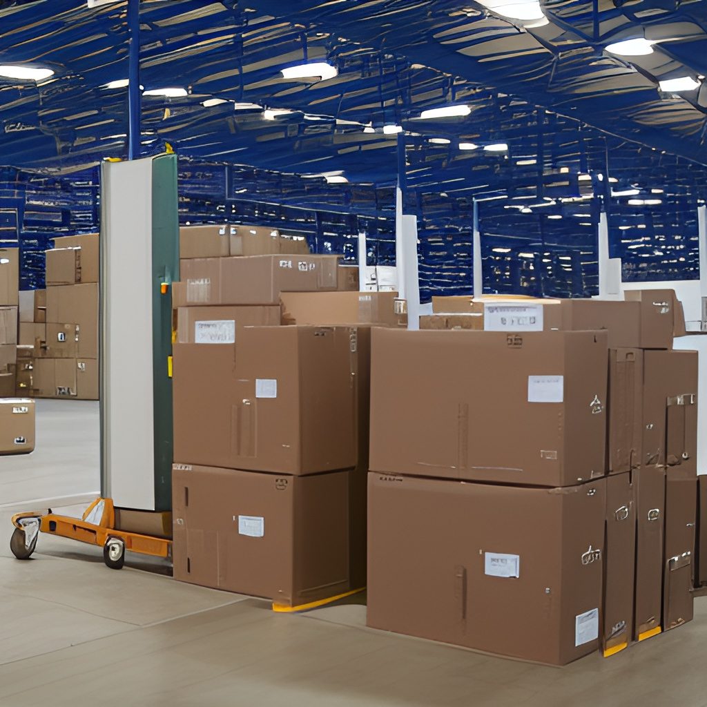 Packages stacked for consumer shipping in a distribution facility