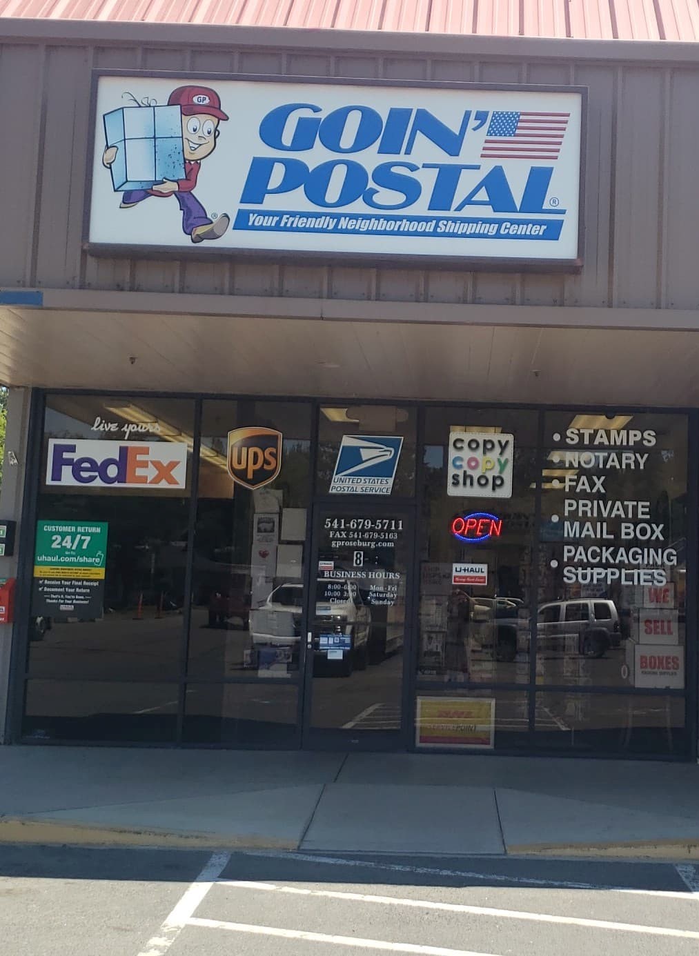 Goin' Postal business and shipping services storefront on Carnes Rd in Green, OR